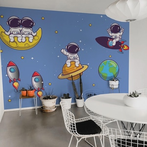 Murale in vinile rimovibile dell'astronauta / Carta da parati con motivo Peel and Stick Space Rocket / Stampa murale Space Rocket - Peel & Stick o Non incollato