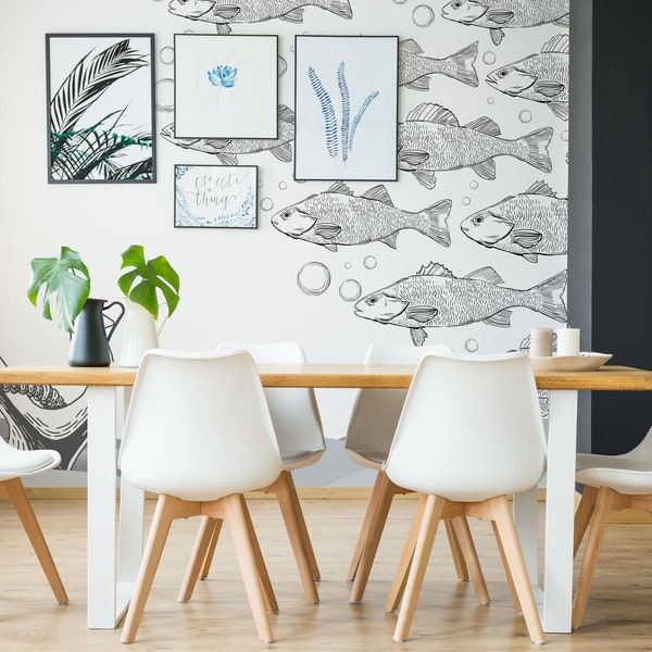 Fish removable vinyl mural / Peel and stick black and white fish wallpaper / Fish mural print