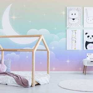 Moon and rainbow sky removable vinyl mural / Peel and stick Night Sky pattern wallpaper - Peel & Stick or Non-pasted / Night Sky mural print