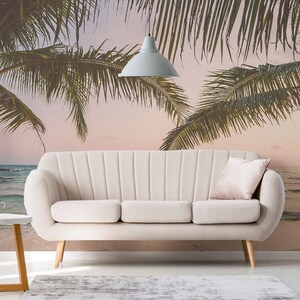 Palm beach removable vinyl mural / Peel and stick Sunset landscape wallpaper / Ocean wallpaper