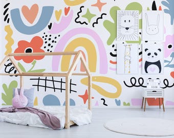 Kids Abstract Doodle vinyl mural / Peel and stick Colorful pattern wallpaper / Colorful Playroom mural print - Peel & Stick or Non-Pasted