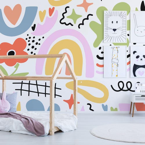 Papier peint abstrait griffonnage pour enfants - Salle de jeux colorée, papier peint autocollant