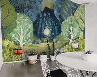 Watercolor Forest Mural / Woodland Wallpaper / Bohemian & Eclectic print - Removable Self-adhesive or Non-Pasted / Custom Size