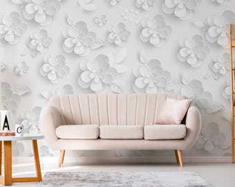3D Imitation Florals Peel and Stick Mural / Paper Cut Wallpaper / White Bohemian & Eclectic print - Removable Self-adhesive or Non-Pasted