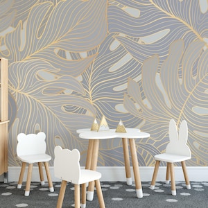 Murale in vinile rimovibile con foglie di palma / Carta da parati con foglie botaniche dorate / Stampa murale con motivo elegante - Stacca e attacca o non incolla