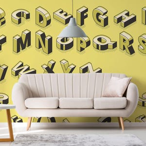 Mural de vinilo removible del alfabeto amarillo / Pelar y pegar Papel tapiz con patrón de letras - Peel & Stick o No pegado / Impresión mural de letras