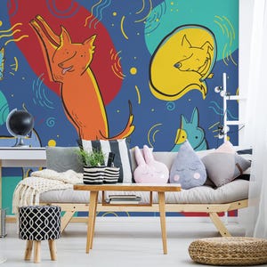 Colorful Dogs removable vinyl mural / Peel and stick Abstract Dogs wallpaper mural - Peel & Stick or Non-pasted / Playful mural print