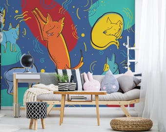Colorful Abstract Dogs Wallpaper Mural – Peel and Stick
