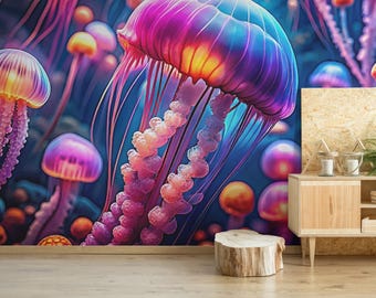 Colorful Jellyfish Mural – Peel and Stick Sea Life Wallpaper