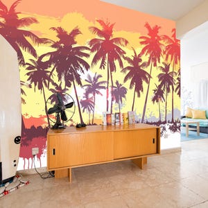 Palms removable vinyl mural / Tropical Sunset wallpaper / Beach Palms mural print - Peel & Stick or Non-Pasted