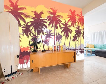 Mural de palmeras al atardecer tropical – Papel pintado autoadhesivo
