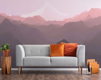 Mural de montaña en tonos pastel – Papel pintado autoadhesivo removible