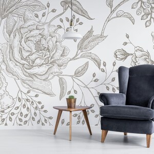 Floral vintage removable vinyl mural / Peel and stick floral seamless wallpaper / Floral vintage mural print