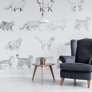 Abnehmbares Vinyl Wandbild der Katzenrasse / Schälen und Aufkleben Katzenmuster Tapete - Schälen und Aufkleben oder nicht geklebt / Katzen Wandbild
