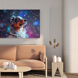 Sternenblick Hirten Druck / Verträumter Hund in kosmischen Farben Leinwanddruck / Hund in einer Galaxieszene Leinwanddruck