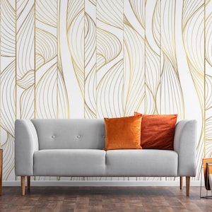 Carta da parati Golden Flow Lines / Carta da parati murale Peel & Stick Metallic Line Art / Stampa astratta elegante - Rimovibile, autoadesiva o non incollata