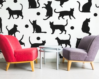 Black Cat Mural – Playful Pattern Removable Wallpaper, Peel & Stick or Non-Pasted