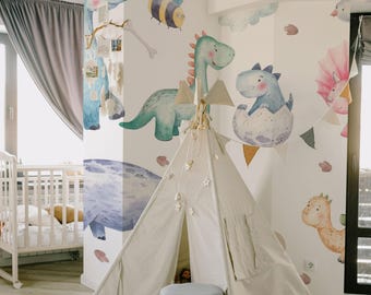 Dinosaur Mural – Watercolor Peel and Stick Wallpaper, Kids Room