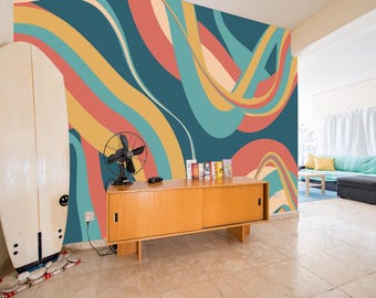 Retro Wavy Stripes Peel and Stick Mural / Abstract Geometry wallpaper / Colorful Mid-Century print - Removable Self-adhesive or Non-Pasted