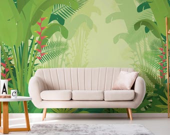 Green Jungle wallpaper / Palm Leaves wallpaper mural / Coastal & Tropical print - Removable Self-adhesive or Non-Pasted / Custom Size