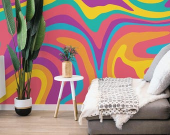 Color Flow Abstract removable vinyl mural / Peel and stick Shapes pattern wallpaper / Vibrant Shapes print - Peel & Stick or Non-Pasted
