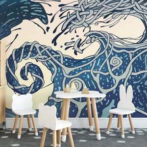 Abstract Sea Wave removable vinyl mural / Peel and stick splashes wallpaper / Fantasy mural