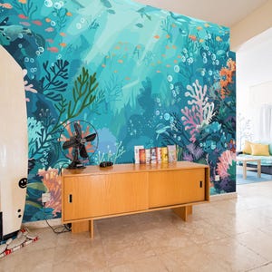 Underwater removable vinyl mural / Colorful Sea Life  wallpaper / Coral Reef mural print - Peel & Stick or Non-Pasted