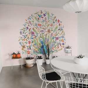 Peacock removable vinyl mural / Peel and stick Bird pattern wallpaper - Peel & Stick or Non-pasted / Bird mural print