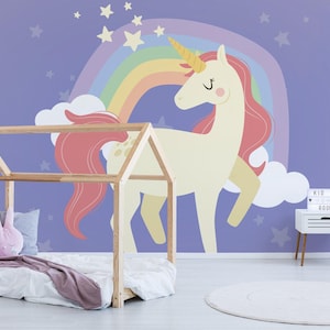 Unicorn removable vinyl mural / Peel and stick Fantasy pattern wallpaper / Fantasy mural print - Peel & Stick or Non-Pasted
