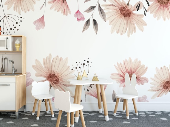 Beige Floral Wall Mural – Removable Peel & Stick Wallpaper