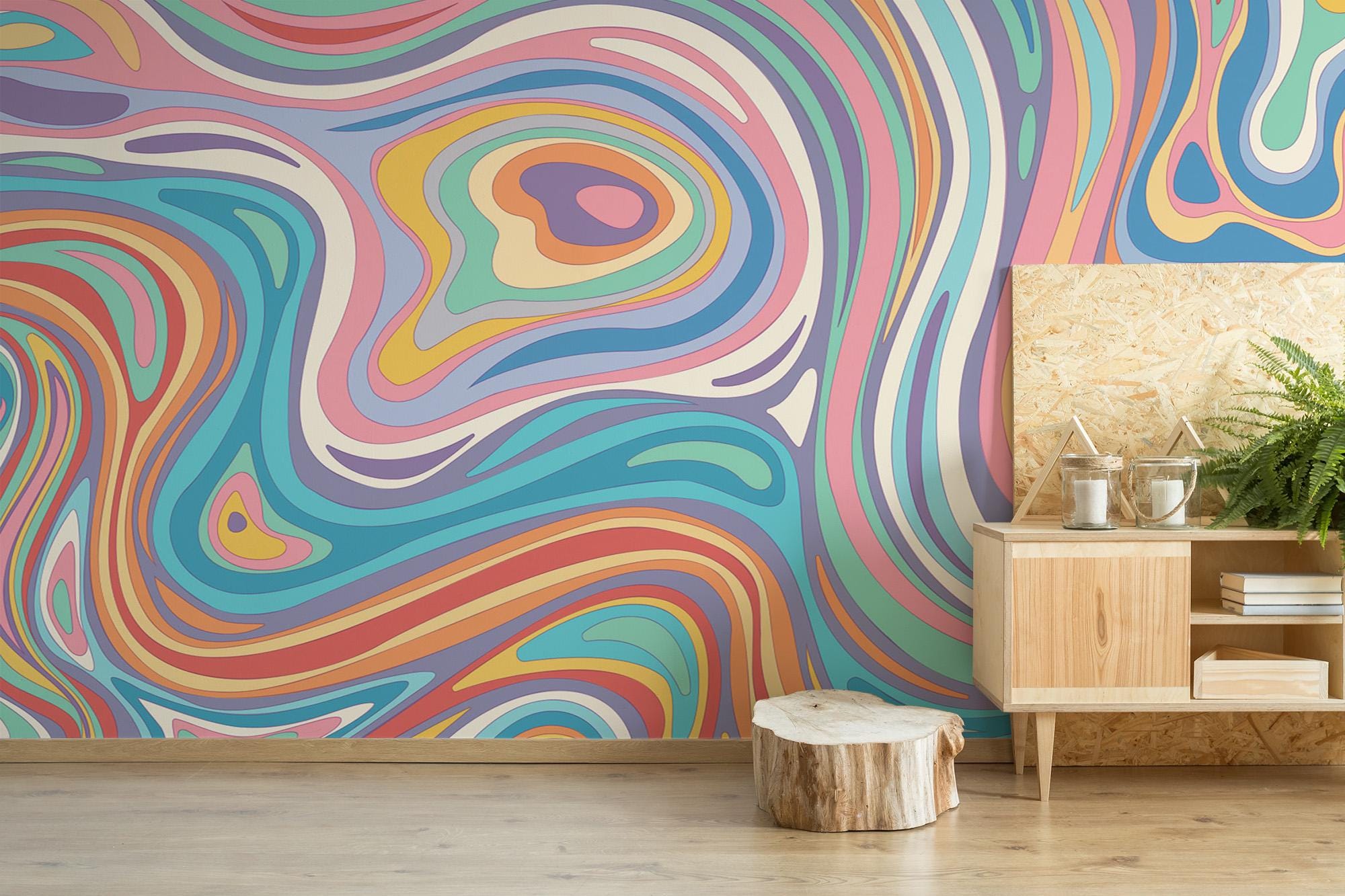 Psychedelic Colorful Abstract removable vinyl mural / Wavy Abstract wallpaper mural - Peel & Stick or Non-pasted / Psychedelic mural print