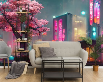 Japanese Street Mural – Peel and Stick Wallpaper, Cherry Blossom Cityscape