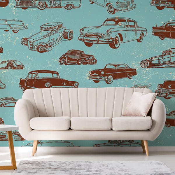 Vintage Car Wallpaper – Retro Automotive Pattern, Peel & Stick Mural
