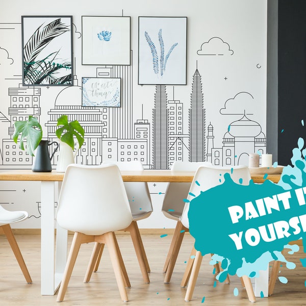 Skyline removable Coloring Wallpaper / Removable peel and stick coloring wallpaper / Paint it yourself series