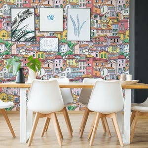 Colorful Town removable vinyl mural / Peel and stick Little Town pattern wallpaper - Peel & Stick or Non-pasted / Little Town mural print