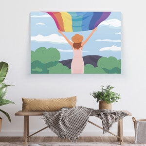 Girl with Rainbow Flag Canvas Print/ Rainbow Flag Canvas Print/ LGBTQ+ Pride Canvas Wall Art