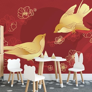 Chinoiserie Songbirds removable mural / Elegant Songbirds wallpaper mural / Golden Chinoiserie mural print - Peel & Stick or Non-Pasted