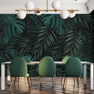 Tropical leaves removable vinyl mural / Peel and stick tropical palm leaves wallpaper / Greenery photo mural