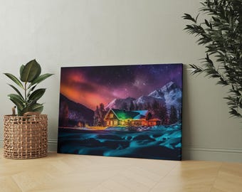 Impressão em tela da Aurora Boreal: Cabana na Neve, Arte de Parede da Aurora Boreal de Inverno