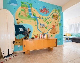Treasure Island removable vinyl mural / Peel and stick Pirate Map pattern wallpaper / Adventure mural print - Peel & Stick or Non-Pasted