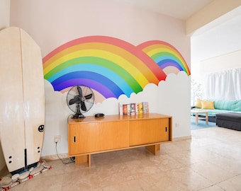 Double rainbow removable vinyl mural / Peel and stick Rainbow pattern wallpaper / Rainbow mural print - Peel & Stick or Non-Pasted