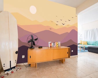 Sunset Mountain Landscape Wall Mural, Minimal Bedroom Decor | Removable or Traditional Wallpaper Mural