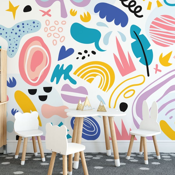 Abstract colorful shapes vinyl mural / Peel and stick abstract colorful shapes wallpaper / Colorful abstract shapes photo mural