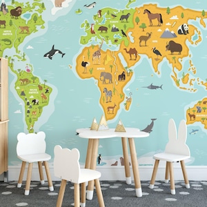 Verwijderbare vinylmuurschildering wereldkaart / Peel-and-stick patroonbehang wereldkaart - Peel & Stick of niet-geplakt / Muurschildering wereldkaart