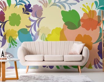 Colorful Overlapping Floral Wall Mural, Bold Kids Room Decor | Removable or Traditional Wallpaper Mural