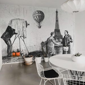 Vintage Paris removable vinyl mural / Peel and stick Retro pattern wallpaper - Peel & Stick or Non-pasted / Retro mural print