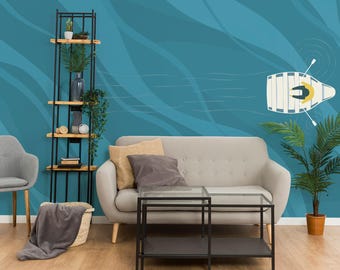 Blue Ocean Boat Mural – Peel and Stick Wallpaper, Kids Playroom