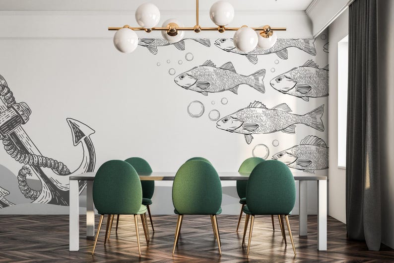 Vismuurschildering – Peel-and-Stick nautisch behang, oceaanthema afbeelding 2