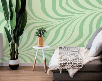 Green Retro Stripes Mural / Optical Waves Wallpaper / Mid-Century print - Removable Self-adhesive or Non-Pasted / Custom Size
