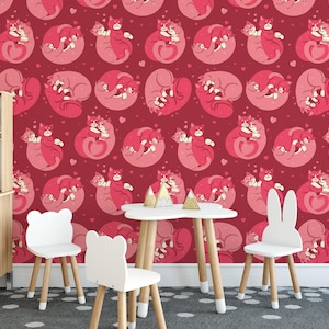 Romantic Cats Couple removable mural / Pink Heart-shaped Cats wallpaper mural - Peel & Stick or Non-pasted / Romantic mural print